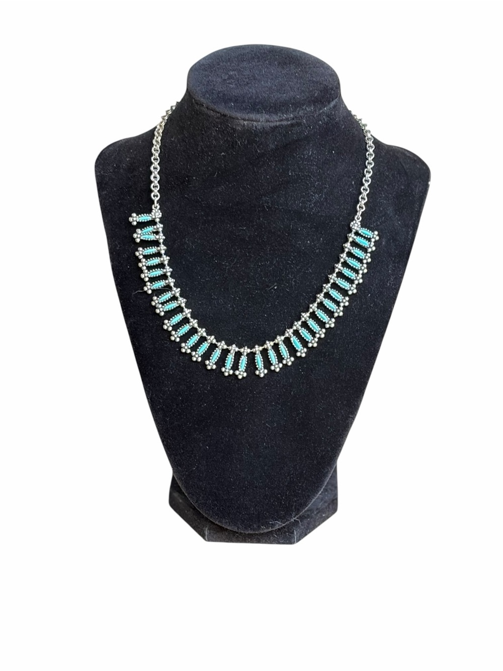 Vtg Southwestern Turquoise Needlepoint Sterling Silver Link Necklace